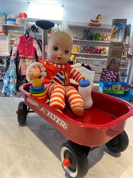 Baby Boy Doll w/Radio Flyer Wagon, toy, and bottle