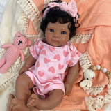 Eden. Newborn. Full Body Silicone Brown Skin Tone, Black Curly Hair: #H5. Open Mouth 18” long 7lbs. Turn Around Time approx. 10 Days.