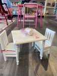 Doll Size Wooden Table w/2 Chairs and American Girl Dishes