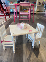 Doll Size Wooden Table w/2 Chairs and American Girl Dishes